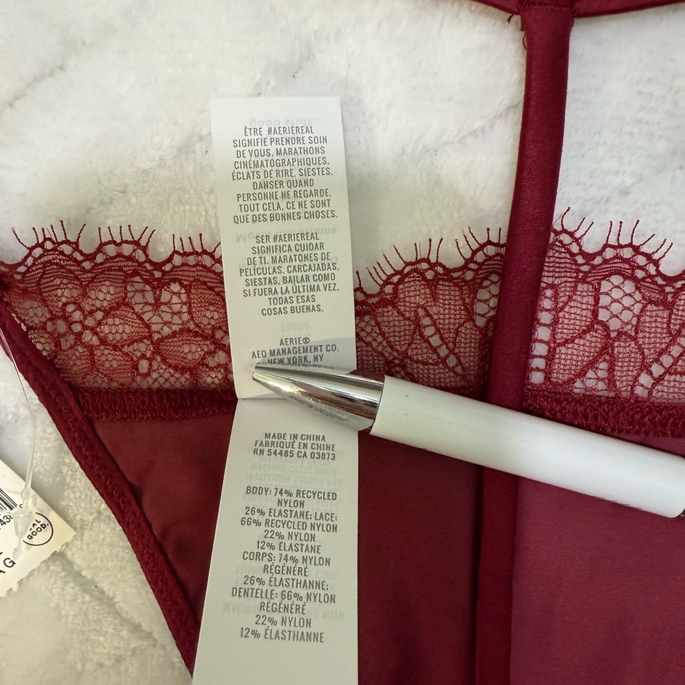 Nwt $60 Aerie Show Off Shine Lace Corset Bra Top Cami & Thong Red Cherry Tart L - Picture 4 of 14